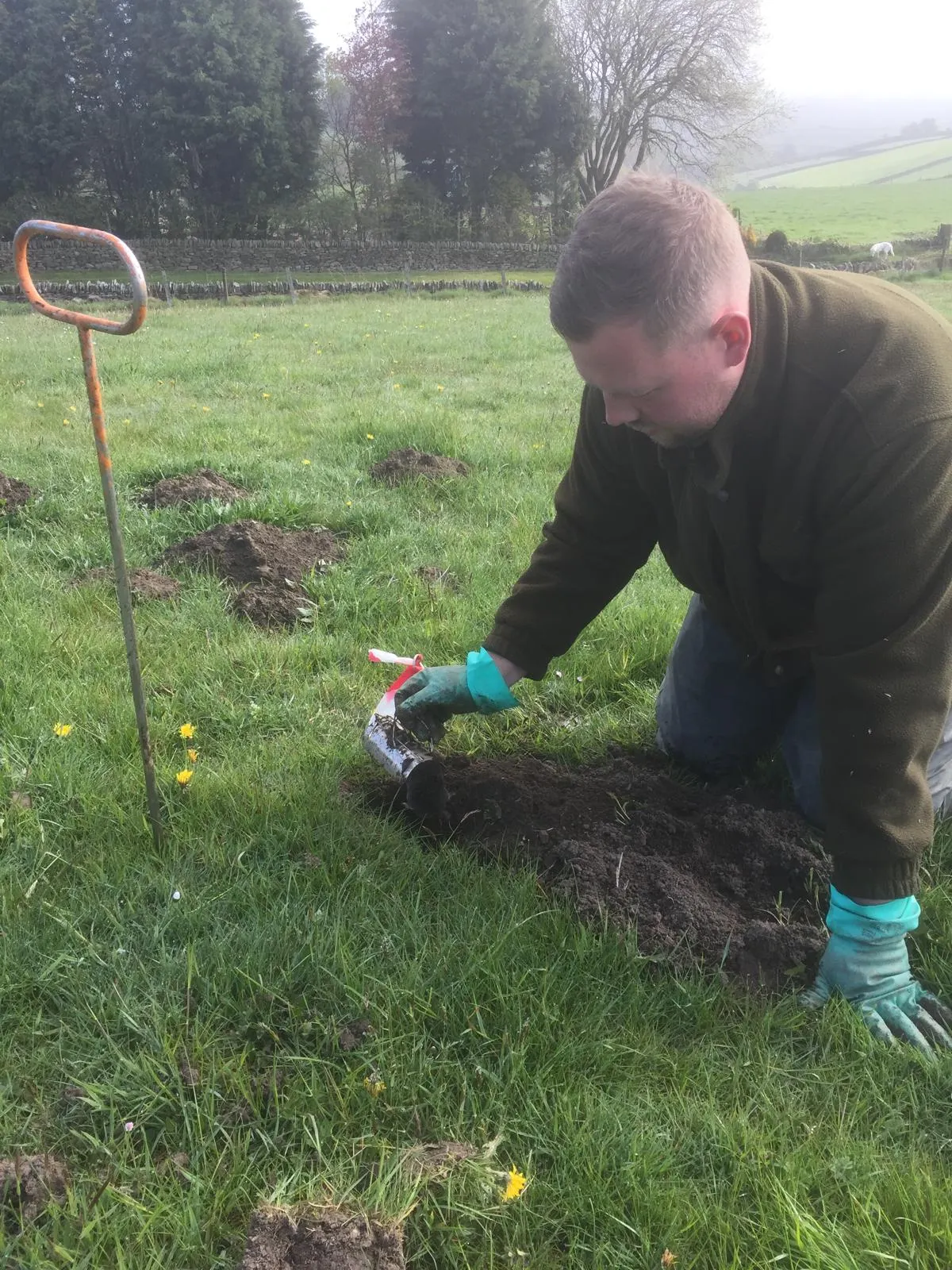 An Apex technician checking mole traps in a paddock