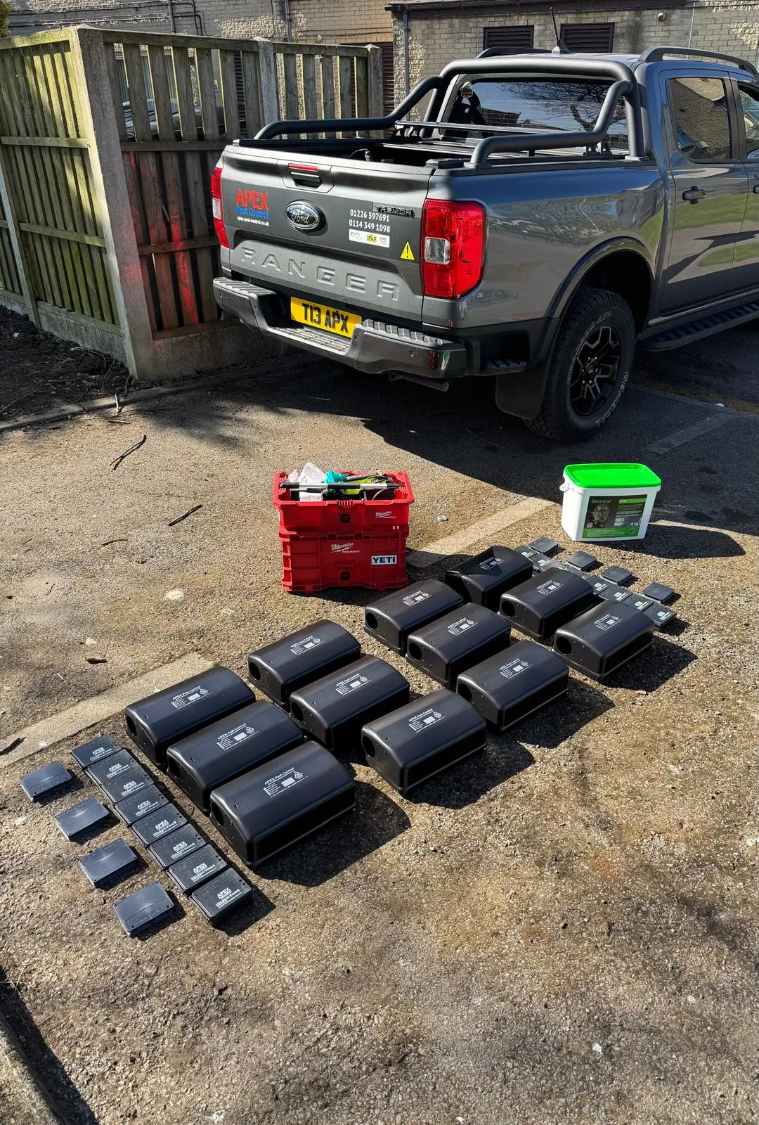Apex Pest Control rodent bait stations prepared and ready for a commercial site visit